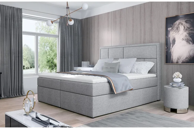Emeron Komplett Sängpaket 160x200 cm i Tyg med Sänggavel + Bäddmadrass, Grå
