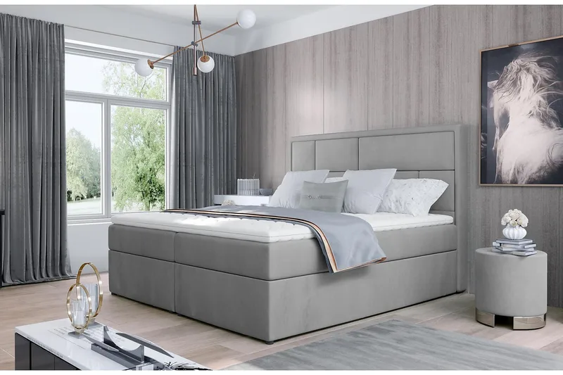 Emeron Komplett Sängpaket 160x200 cm i Tyg med Sänggavel + Bäddmadrass, Grå