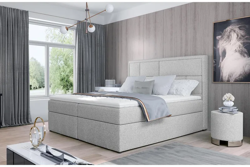 Emeron Komplett Sängpaket 180x200 cm i Bouclé med Sänggavel + Bäddmadrass, Grå