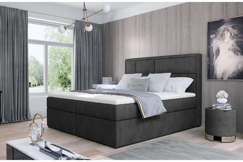Emeron Komplett Sängpaket 180x200 cm i Tyg med Sänggavel + Bäddmadrass, Grå