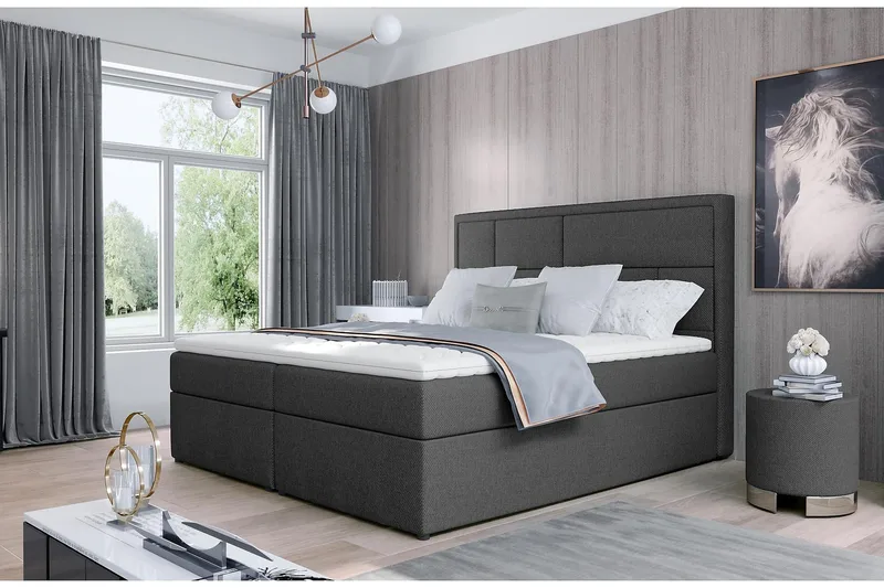 Emeron Komplett Sängpaket 180x200 cm i Tyg med Sänggavel + Bäddmadrass, Grå