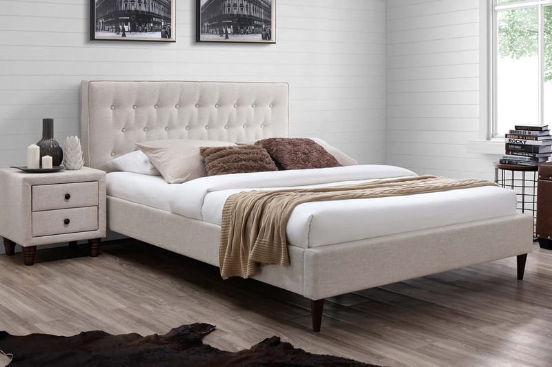Emilia Komplett Sängpaket i Tyg med Sänggavel + Bäddmadrass, Beige