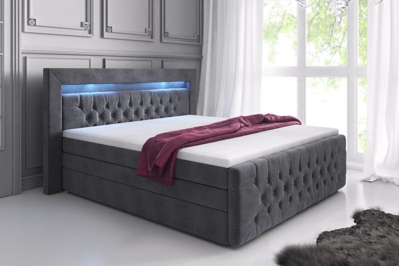 Komplett Sängpaket Celio Lyx 160x200 LED-belysning - Grå/Sammet - Säng med förvaring - Komplett sängpaket