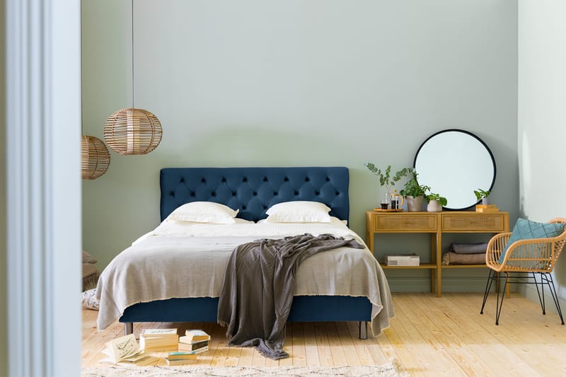 Komplett Sängpaket Rebeca 180x200 cm Djuphäftad Gavel - Mörkblå|Sammet - Kontinentalsäng - Dubbelsäng - Komplett sängpaket