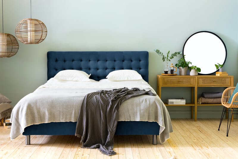 Komplett Sängpaket Rebeca 180x200 cm Rutig Gavel - Mörkblå|Sammet - Kontinentalsäng - Dubbelsäng - Komplett sängpaket