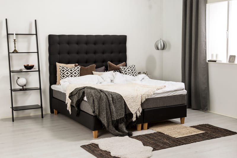 Komplett sängpaket Romance Lyx 180 Svart PU/Tyg Ek Fyrkantig - Grå - Möbler - Säng - Kontinentalsäng