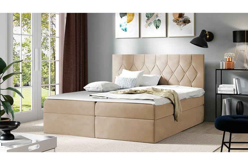 Sängpaket Kontinentalsäng Kanwar 140x200 cm med Förvaring - Beige - Säng med förvaring - Komplett sängpaket
