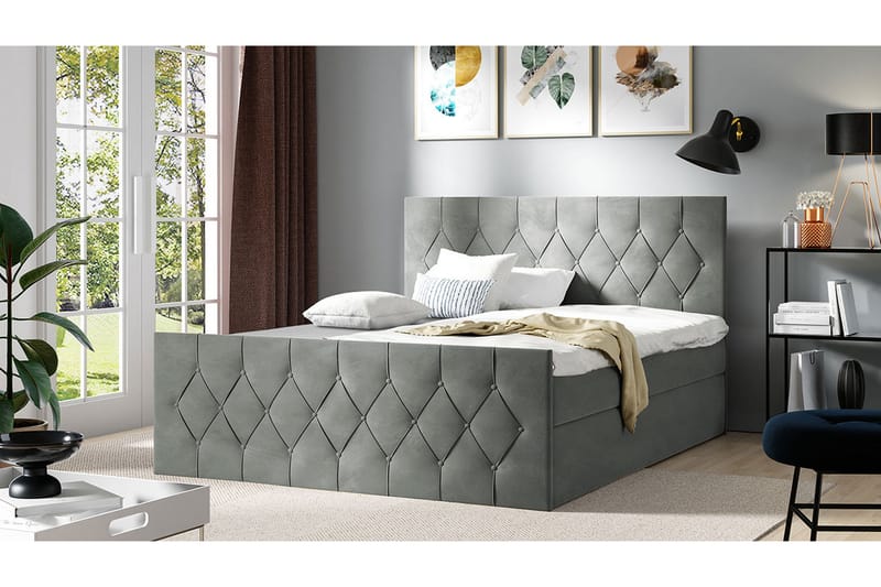 Sängpaket Kontinentalsäng Kanwer 160x200 cm med Förvaring - Grå - Säng med förvaring - Komplett sängpaket
