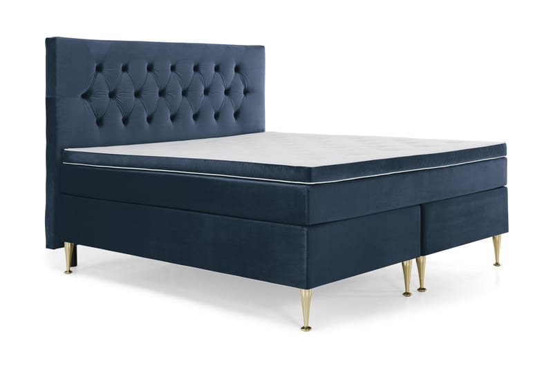 Komplett Sängpaket Torsö 160x200 - Mörkblå Sammet|Höga Guldben - Kontinentalsäng - Dubbelsäng