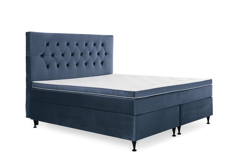 Komplett Sängpaket Torsö 160x200 - Mörkblå Sammet|Låga Svarta Ben - Kontinentalsäng - Dubbelsäng