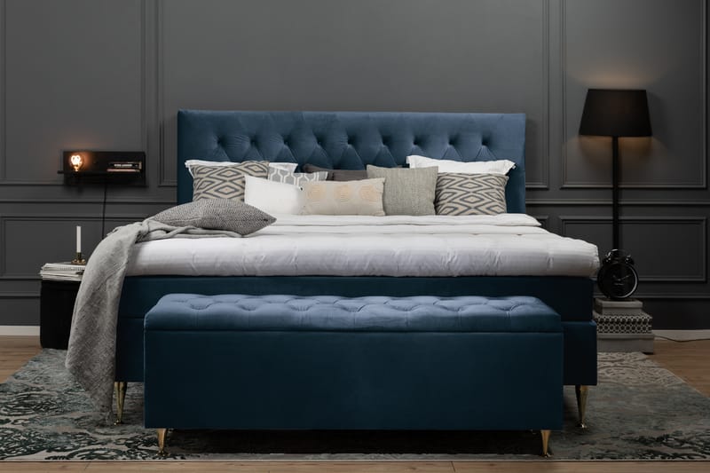 Komplett Sängpaket Torsö 210x210 - Mörkblå Sammet|Höga Silverben - Kontinentalsäng - Dubbelsäng