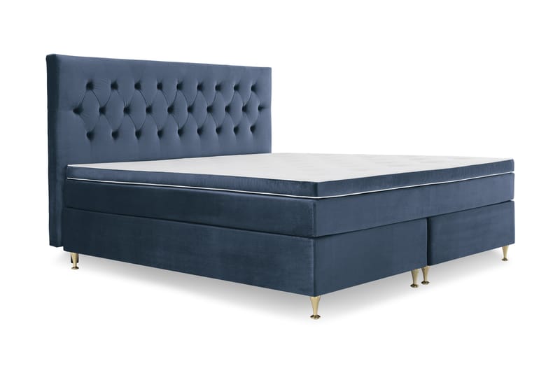 Komplett Sängpaket Torsö 210x210 - Mörkblå Sammet|Låga Guldben - Kontinentalsäng - Dubbelsäng