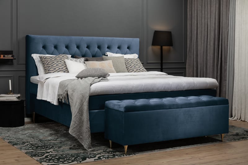 Komplett Sängpaket Torsö 210x210 - Mörkblå Sammet|Låga Rosében - Komplett sängpaket - Kontinentalsäng - Dubbelsäng