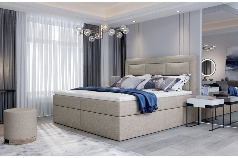 Vivera Komplett Sängpaket 140x200 cm i Tyg med Sänggavel + Bäddmadrass, Beige