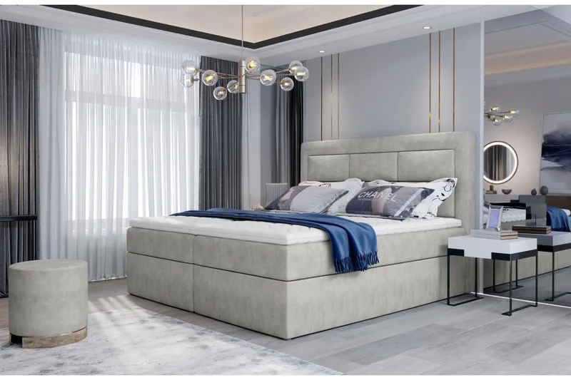 Vivera Komplett Sängpaket 140x200 cm i Velour med Sänggavel + Bäddmadrass, Ljusgrå