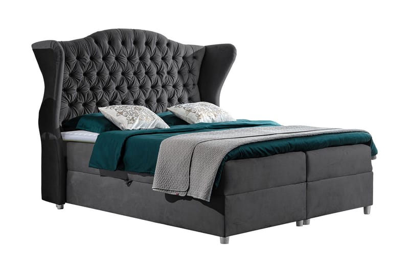 Komplett Sängpaket – Kontinentalsäng 120x200 cm i Tyg med Förvaring och Sänggavel + Bäddmadrass med Fasthetsgrad Medium, Svart