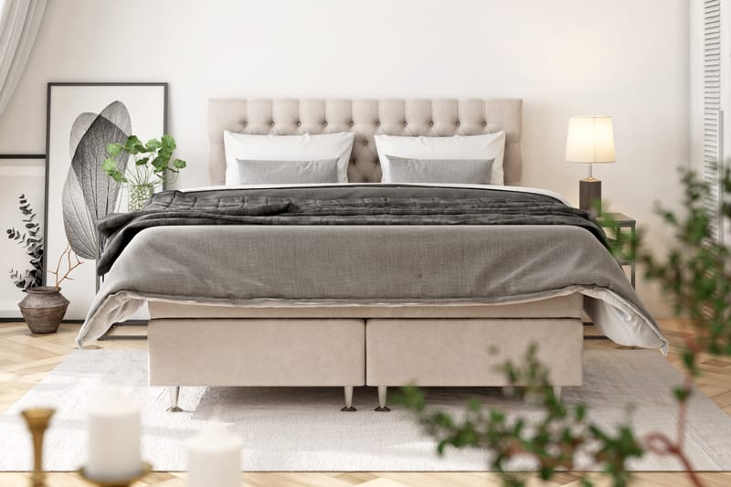Komplett Sängpaket Estelle 160x200 cm - Beige|Sammet - Kontinentalsäng - Dubbelsäng