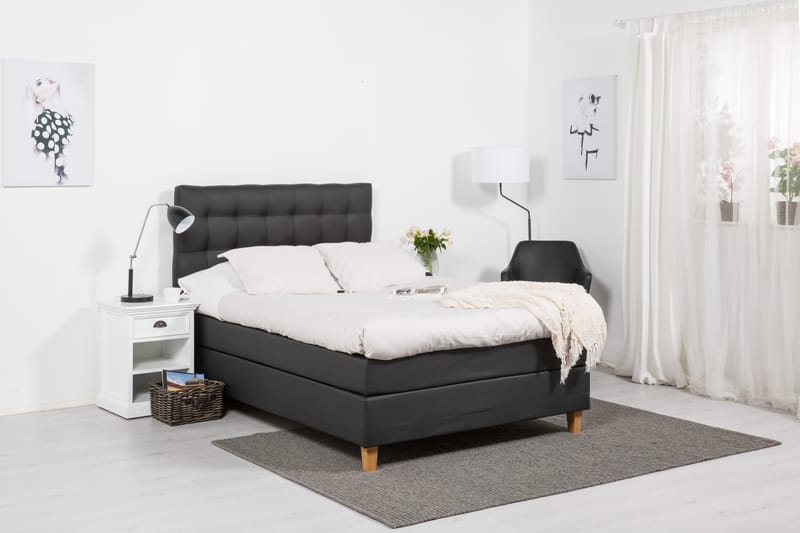 Komplett sängpaket Romance Lyx 120 Svart PU Ek Fyrkantig - Beige|Vit|Svart - Möbler - Säng - Kontinentalsäng
