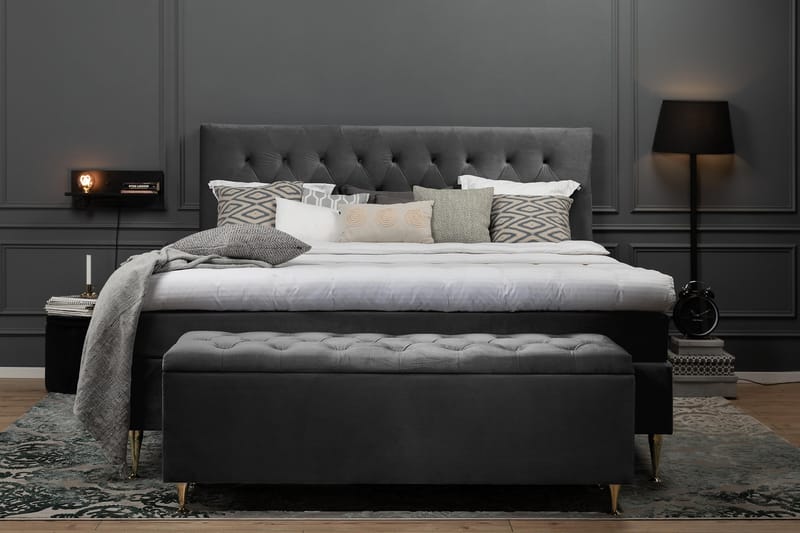 Komplett Sängpaket Royal Velvet Komplett 180x200 - Mörkgrå Sammet|Låga Svarta Ben - Möbler - Säng - Kontinentalsäng
