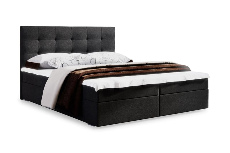 Komplett Sängpaket Selmes 140x200 Rutmönstrad Gavel - Mörkgrå - Kontinentalsäng - Komplett sängpaket