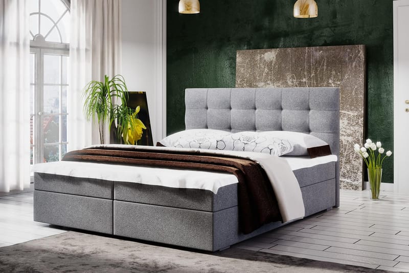 Komplett Sängpaket Selmes 160x200 Rutmönstrad Gavel - Grå - Kontinentalsäng - Komplett sängpaket