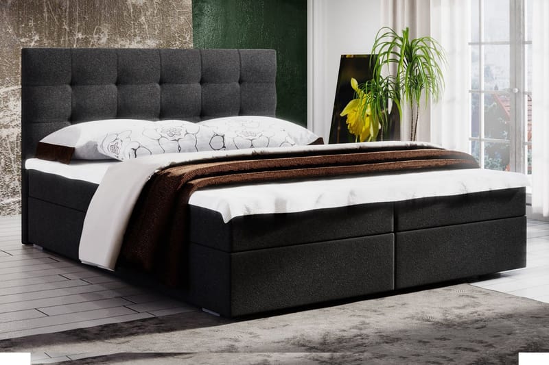 Komplett Sängpaket Selmes 160x200 Rutmönstrad Gavel - Mörkgrå - Kontinentalsäng - Komplett sängpaket