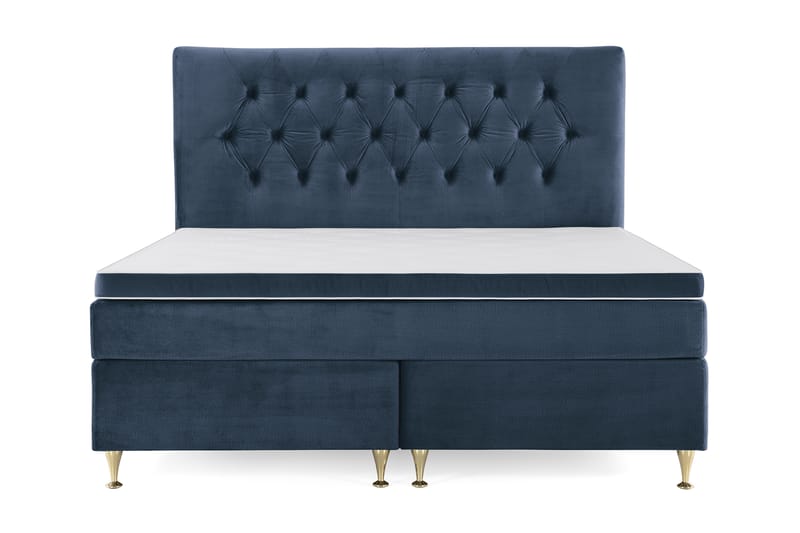 Komplett Sängpaket Torsö 160x200 - Mörkblå Sammet|Låga Guldben - Kontinentalsäng - Dubbelsäng