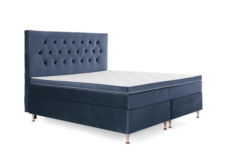 Komplett Sängpaket Torsö 160x200 - Mörkblå Sammet|Låga Rosében - Kontinentalsäng - Dubbelsäng - Komplett sängpaket