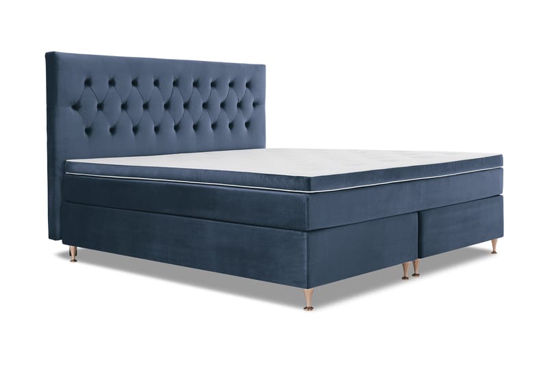 Komplett Sängpaket Torsö 210x210 - Mörkblå Sammet|Låga Rosében - Kontinentalsäng - Dubbelsäng