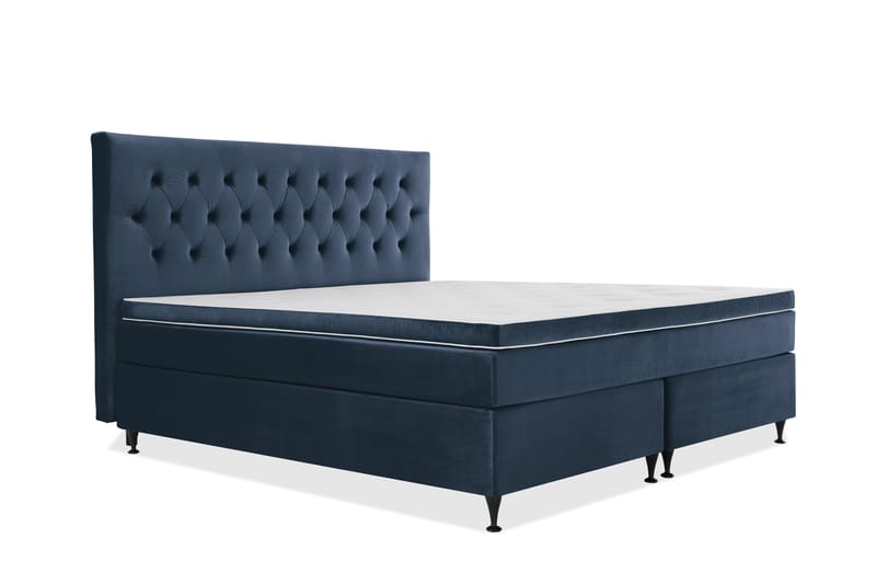 Komplett Sängpaket Torsö 210x210 - Mörkblå Sammet|Låga Svarta Ben - Kontinentalsäng - Dubbelsäng