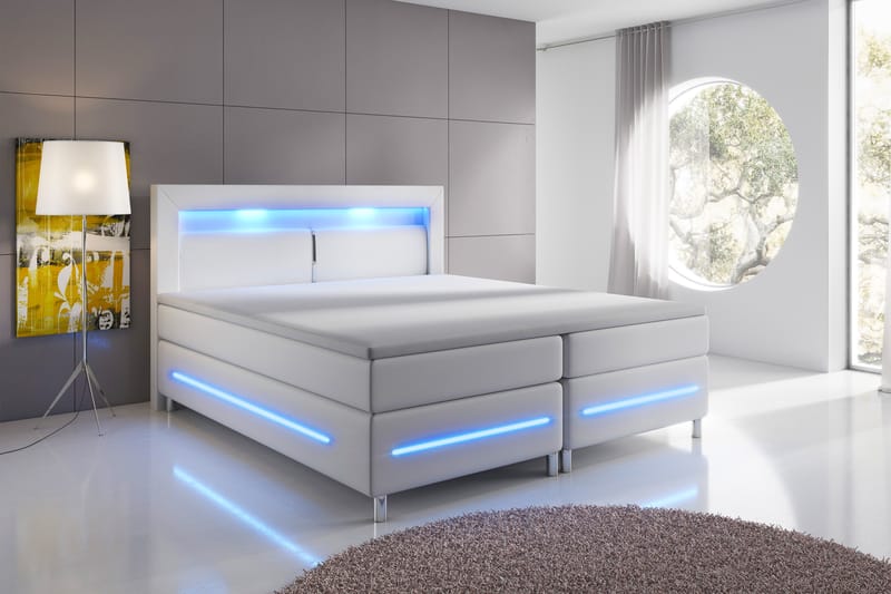 Komplett Sängpaket Pisa Lyx 180x200 LED Sänggavel Konstläder - Vit - Kontinentalsäng - Dubbelsäng - Komplett sängpaket