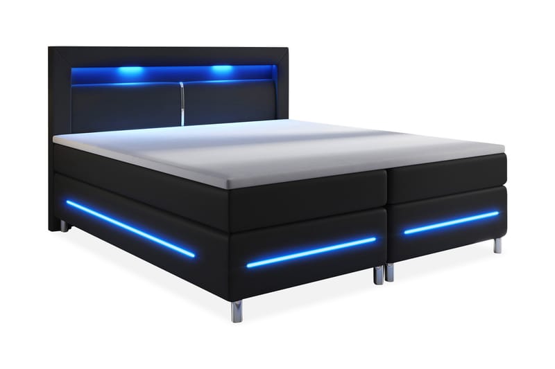 Komplett Sängpaket Pisa Lyx 180x200 LED Sänggavel Konstläder - Svart - Kontinentalsäng - Dubbelsäng - Komplett sängpaket