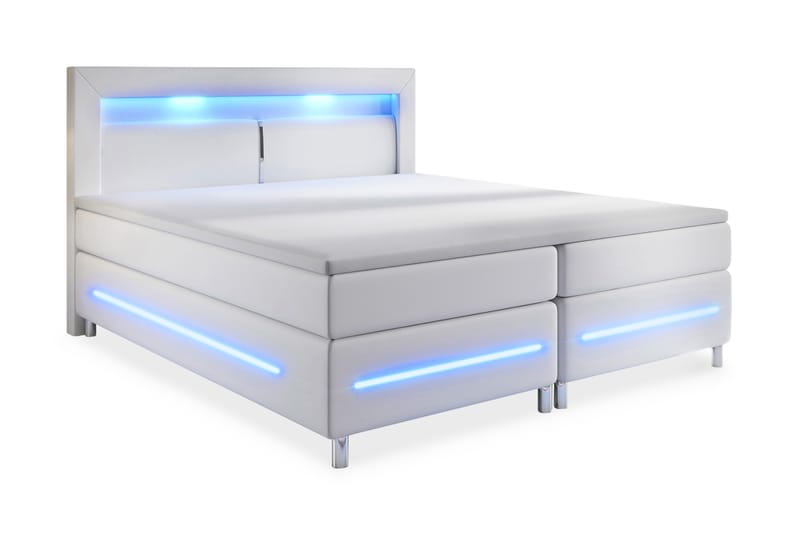 Komplett Sängpaket Pisa Lyx 140x200 LED Sänggavel Konstläder - Vit - Kontinentalsäng - Dubbelsäng - Komplett sängpaket
