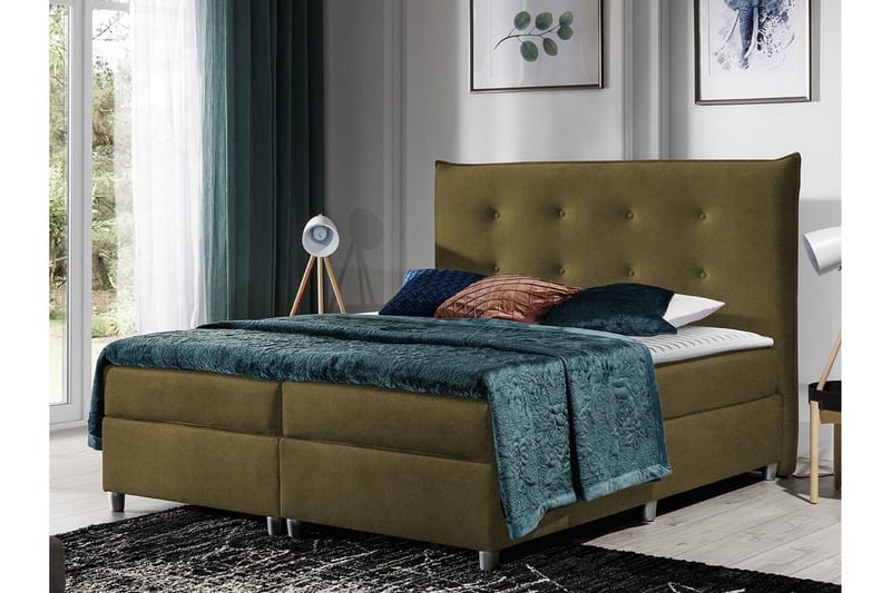 Prato Komplett Sängpaket – Kontinentalsäng 140x200 cm i Tyg med Sänggavel + Bäddmadrass med Fasthetsgrad Medium - Grön - Möbler - Säng - Kontinentalsäng