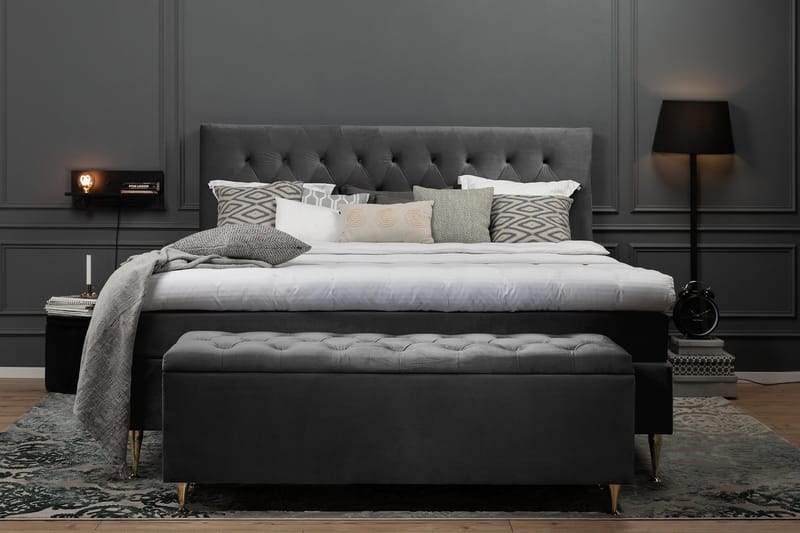 Royal Velvet Komplett Sängpaket 180x200 cm - Mörkgrå med Svarvade Ben - Möbler - Säng - Kontinentalsäng