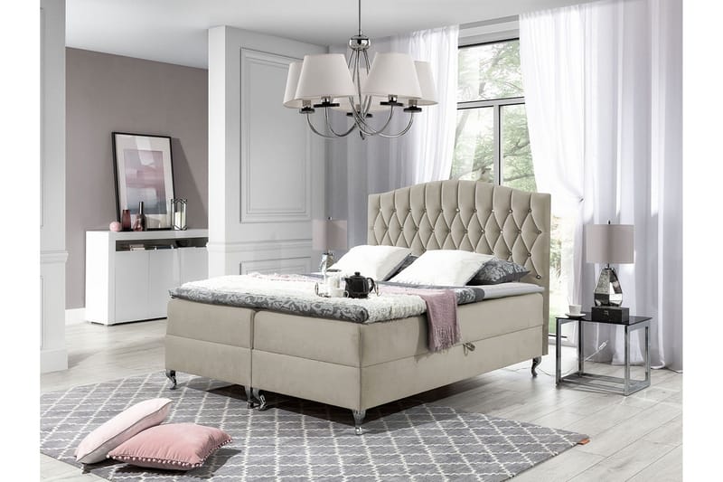Sängpaket – Kontinentalsäng 140x200 cm med Sänggavel + Bäddmadrass med Fasthetsgrad Medium - Beige - Möbler - Säng - Kontinentalsäng