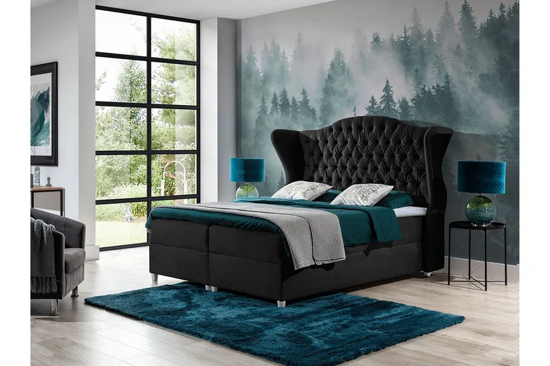 Sängpaket – Kontinentalsäng 180x200 cm med Sänggavel + Bäddmadrass med Fasthetsgrad Medium - Svart - Möbler - Säng - Kontinentalsäng