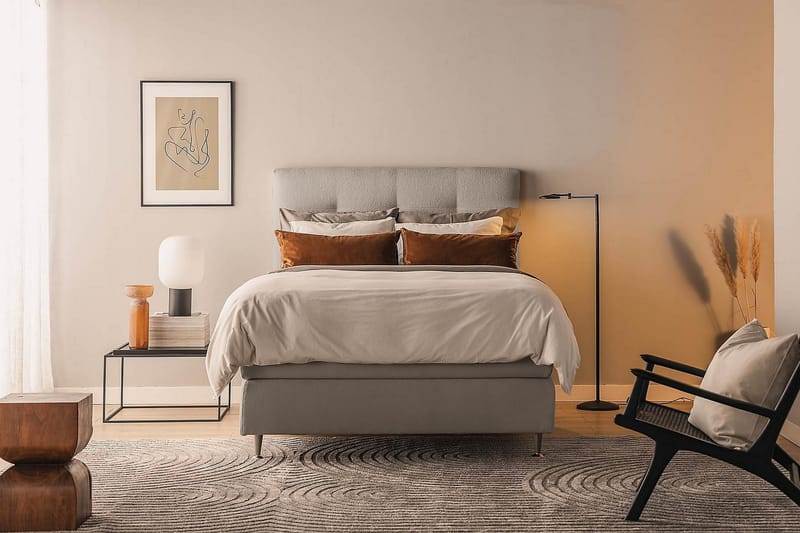 Sängpaket Kakichi Boucle 140x200 Knappad gavel - Grå - Möbler - Säng - Kontinentalsäng