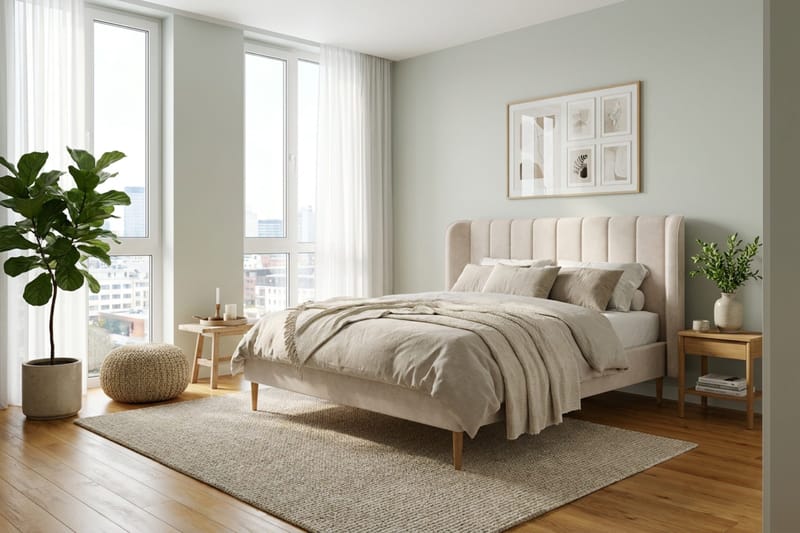 Nattljus Sängram 160x200 cm Ek med HVILA Skummadrass och Bäddmadrass i Latex med Tvättbar klädsel - Beige - Möbler - Säng - Sängram & sängstomme