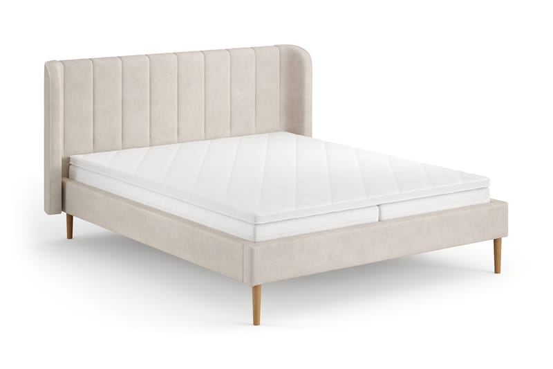 Nattljus Sängram 160x200 cm Ek med HVILA Pocketresårmadrass och Bäddmadrass Vändbar Sommar- & Vintersida med Tvättbar klädsel, Beige
