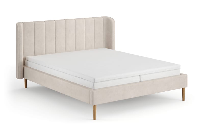 Nattljus Sängram 160x200 cm Ek med HVILA Pocketresårmadrass 7 zoner och Bäddmadrass i Polyesterskum med Tvättbar klädsel, Beige