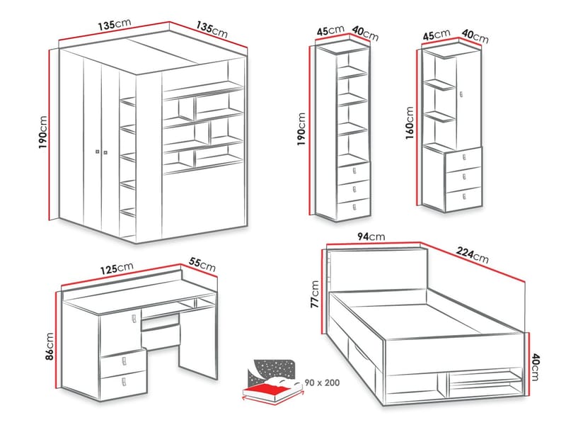 Planeta Möbelset för Sovrum med Belysning - Möbler - Säng - Möbelset för sovrum