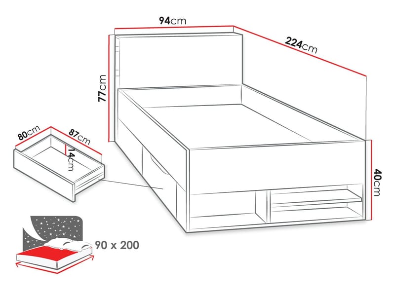 Planeta Sängram med Lådor 90x200 cm i Trä med Sänggavel och Hjul - Blå|Vit - Möbler - Säng - Säng med förvaring