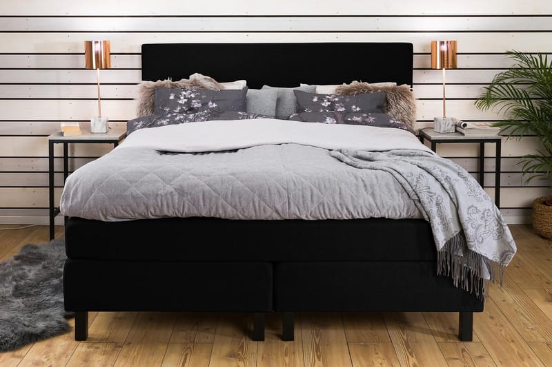 Princess Komplett Sängpaket – Kontinentalsäng 160x200 cm i Tyg med Sänggavel + Bäddmadrass med Fasthetsgrad Medium - Svart - Möbler - Säng - Kontinentalsäng
