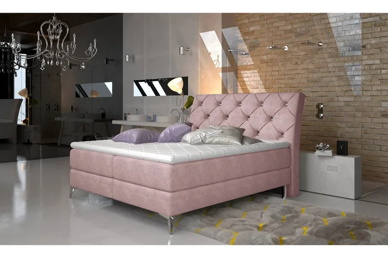 Arrojo Komplett Sängpaket – Ramsäng 180x200 cm i Tyg med Sänggavel + Bäddmadrass, Rosa