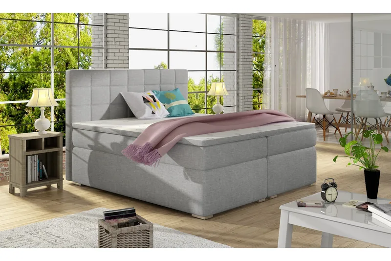 Cassaundra Komplett Sängpaket – Ramsäng 180x200 cm i Tyg med Sänggavel + Bäddmadrass, Grå