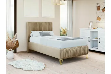 Gortin Komplett Sängpaket – Ramsäng 90x200 cm i Sammet med Sänggavel + Bäddmadrass - Beige - Möbler - Säng - Komplett sängpaket