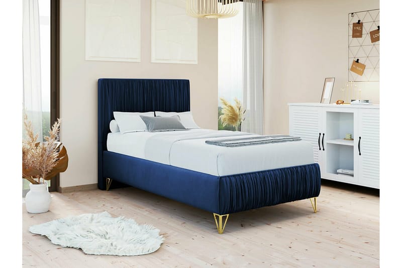 Gortin Komplett Sängpaket – Ramsäng 90x200 cm i Sammet med Sänggavel + Bäddmadrass - Blå - Möbler - Säng - Komplett sängpaket