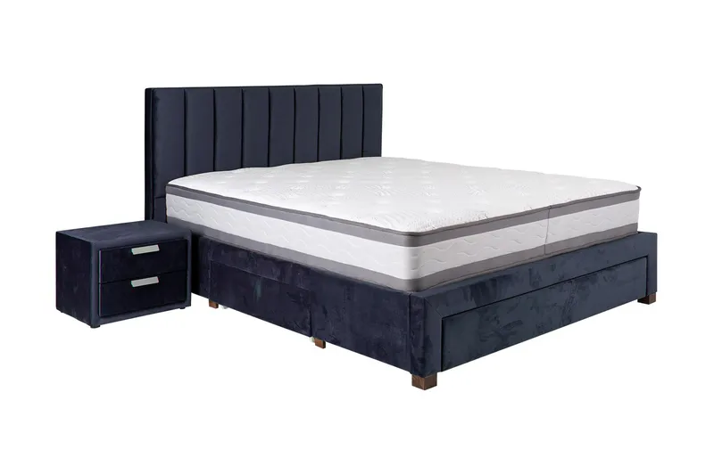 Grace Komplett Sängpaket med Förvaring 160x200 cm i Sammet med Sänggavel + Bäddmadrass, Blå