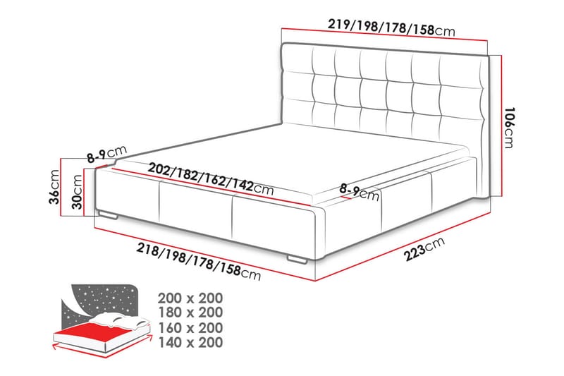 Säng & ribbotten & madrass Dolores 223x178x106 cm - Vit - Ramsäng - Dubbelsäng - Komplett sängpaket